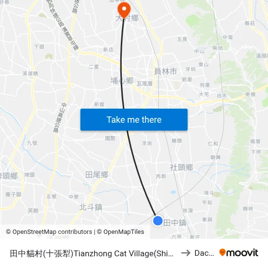 田中貓村(十張犁)Tianzhong Cat Village(Shizhangli) to Dacun map