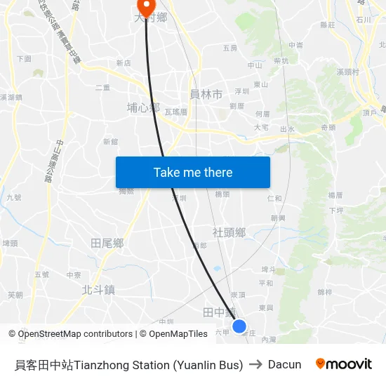 員客田中站Tianzhong  Station (Yuanlin Bus) to Dacun map