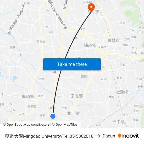 明道大學Mingdao University/Tel:05-5862018 to Dacun map