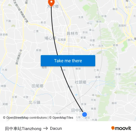 田中車站Tianzhong to Dacun map