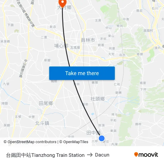 台鐵田中站Tianzhong Train Station to Dacun map