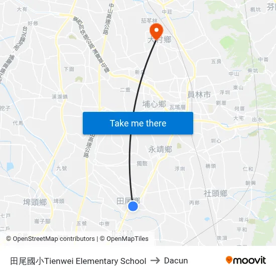 田尾國小Tienwei Elementary School to Dacun map