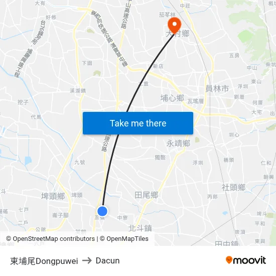 東埔尾Dongpuwei to Dacun map