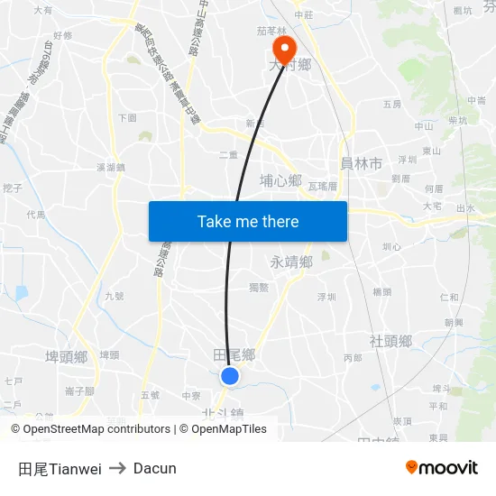 田尾Tianwei to Dacun map