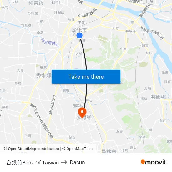 台銀前Bank Of Taiwan to Dacun map