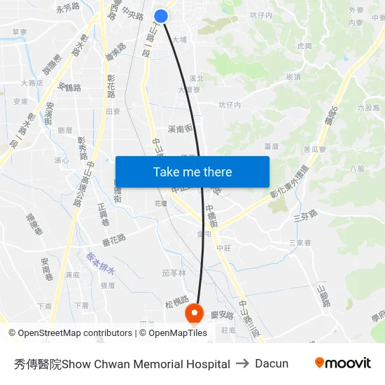秀傳醫院Show Chwan Memorial Hospital to Dacun map