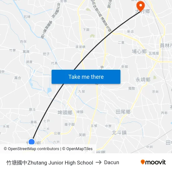 竹塘國中Zhutang Junior High School to Dacun map