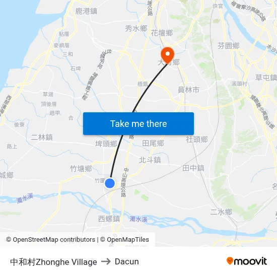 中和村Zhonghe Village to Dacun map