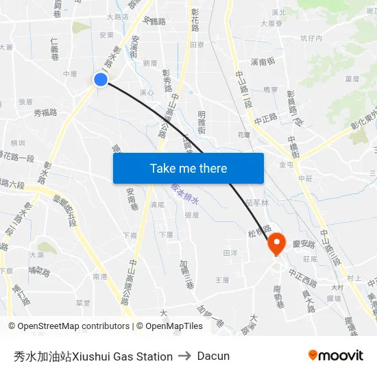 秀水加油站Xiushui Gas Station to Dacun map