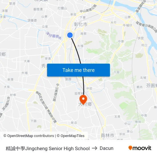 精誠中學Jingcheng Senior High School to Dacun map