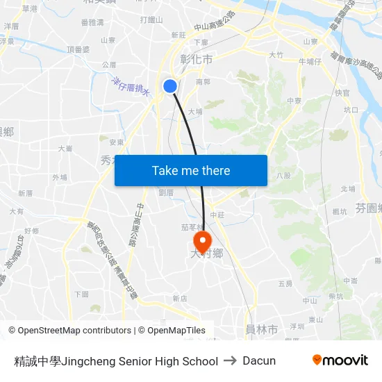 精誠中學Jingcheng Senior High School to Dacun map
