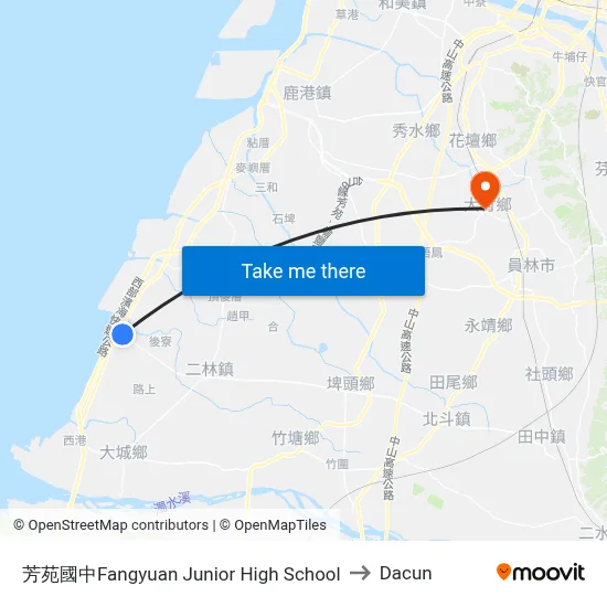 芳苑國中Fangyuan Junior High School to Dacun map