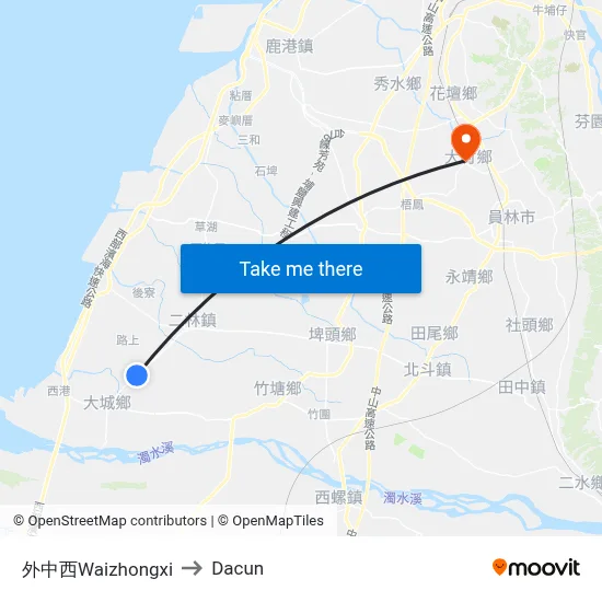 Waizhongxi to Dacun map