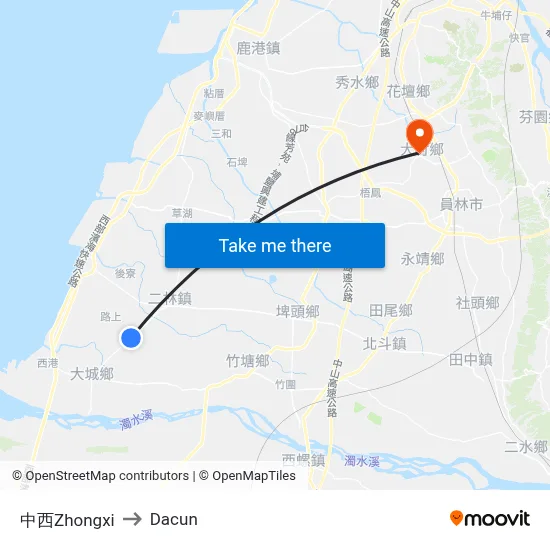 中西Zhongxi to Dacun map