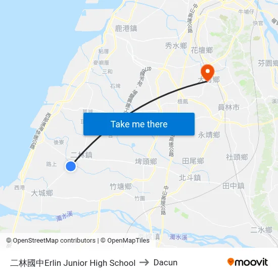 二林國中Erlin Junior High School to Dacun map