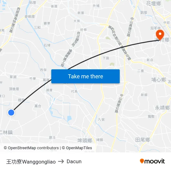 王功寮Wanggongliao to Dacun map
