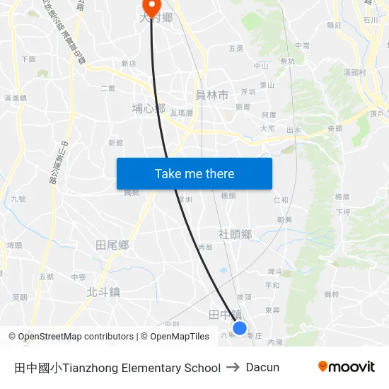田中國小Tianzhong Elementary School to Dacun map