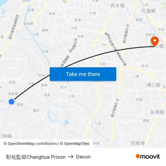 Changhua Prison to Dacun map
