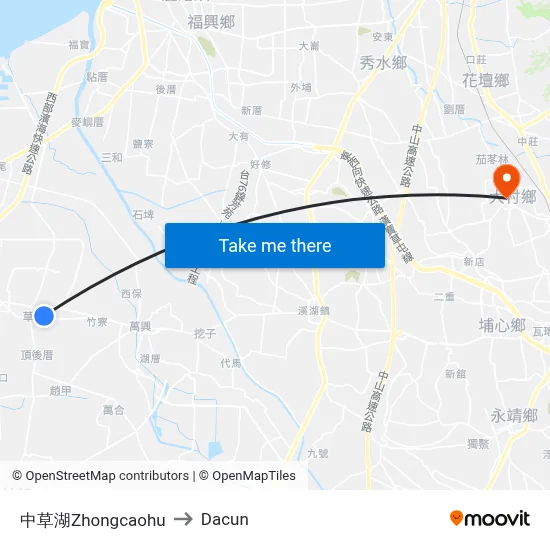 中草湖Zhongcaohu to Dacun map