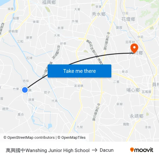 Wanshing Junior High School to Dacun map