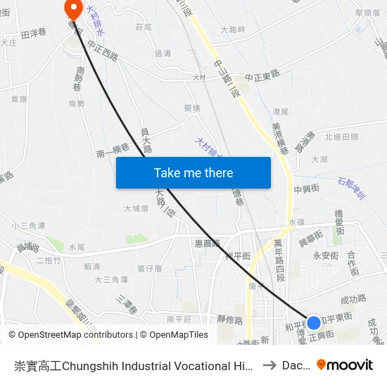 崇實高工Chungshih Industrial Vocational High School to Dacun map