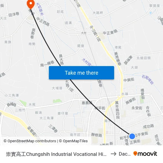 崇實高工Chungshih Industrial Vocational High School to Dacun map