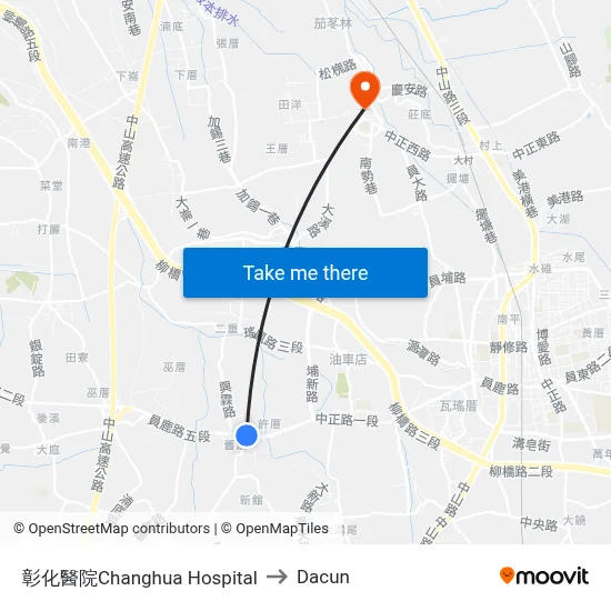 Changhua Hospital to Dacun map