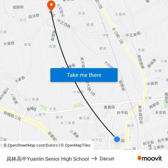 員林高中Yuanlin Senior High School to Dacun map