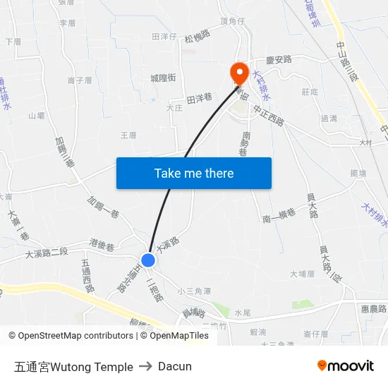 五通宮Wutong Temple to Dacun map
