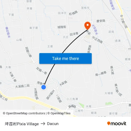 埤霞村Pixia Village to Dacun map