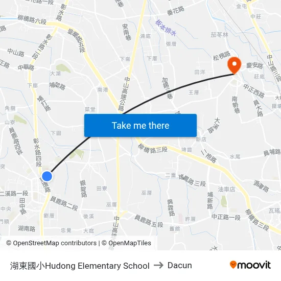 湖東國小Hudong Elementary School to Dacun map