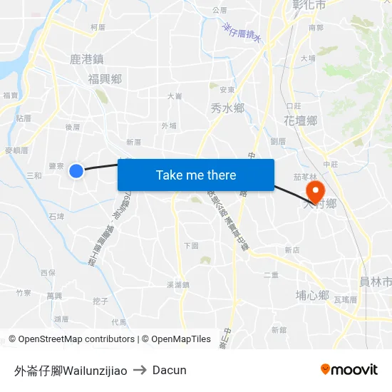 外崙仔腳Wailunzijiao to Dacun map