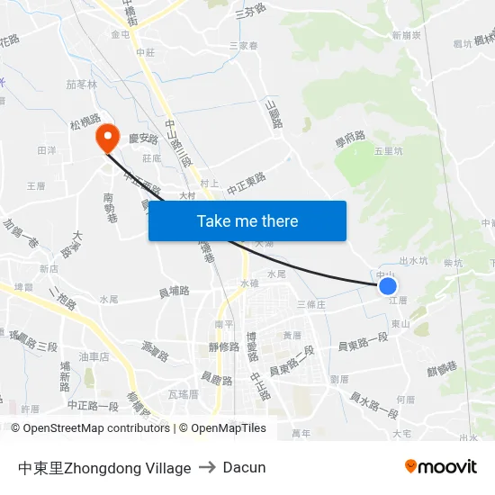 中東里Zhongdong Village to Dacun map
