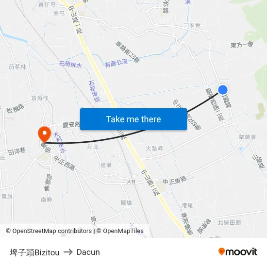 埤子頭Bizitou to Dacun map