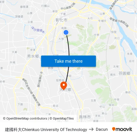 建國科大Chienkuo University Of Technology to Dacun map