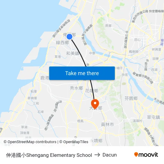 伸港國小Shengang Elementary School to Dacun map