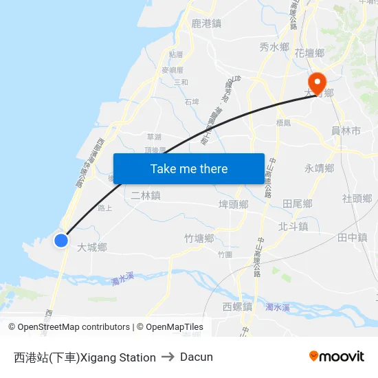 西港站(下車)Xigang Station to Dacun map