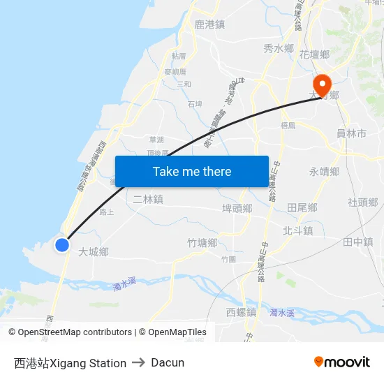 西港站Xigang Station to Dacun map