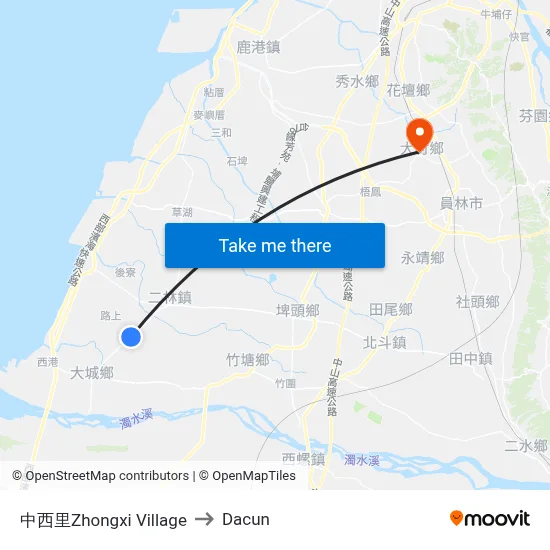 中西里Zhongxi Village to Dacun map