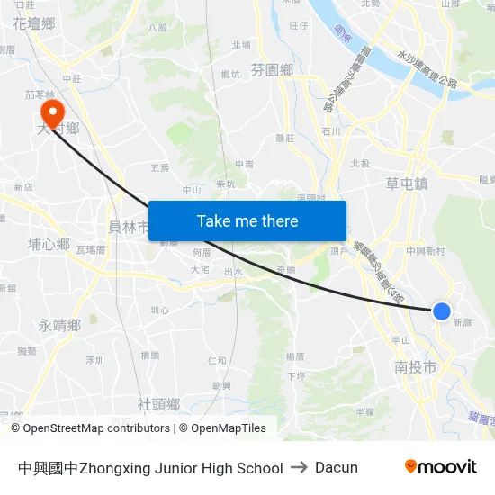 中興國中Zhongxing Junior High School to Dacun map