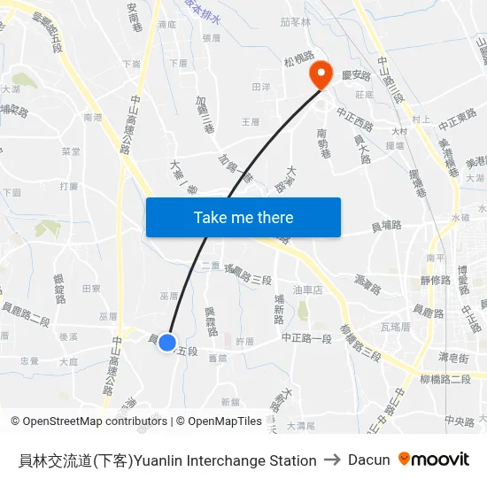 員林交流道(下客)Yuanlin Interchange Station to Dacun map