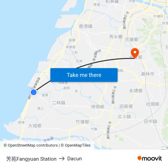 芳苑Fangyuan Station to Dacun map