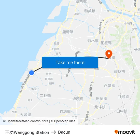 王功Wanggong Station to Dacun map