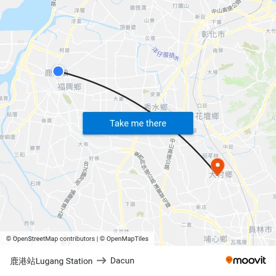 鹿港站Lugang Station to Dacun map