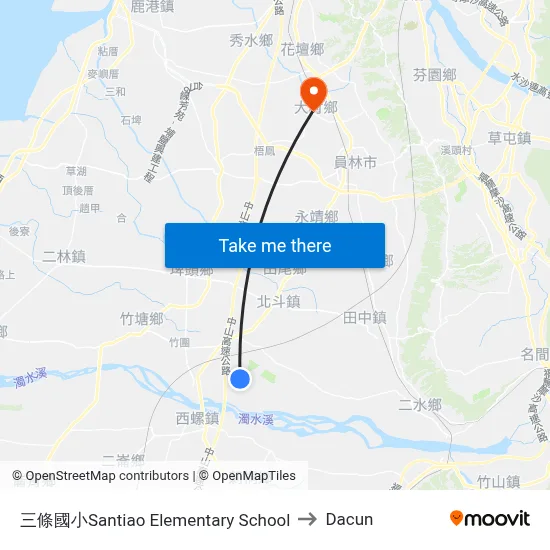 三條國小Santiao Elementary School to Dacun map