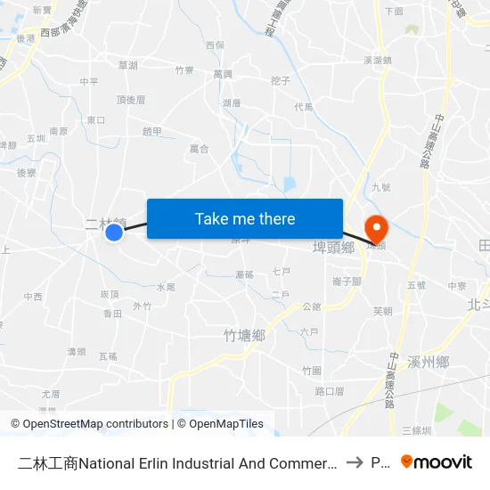 二林工商National Erlin Industrial  And Commercial Vocational High School to Pitou map