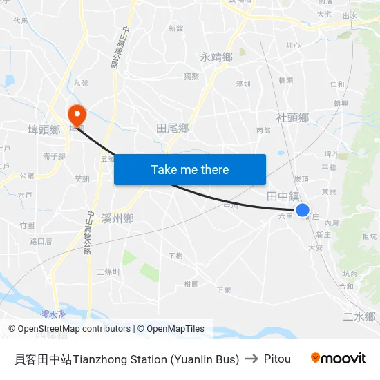 員客田中站Tianzhong  Station (Yuanlin Bus) to Pitou map