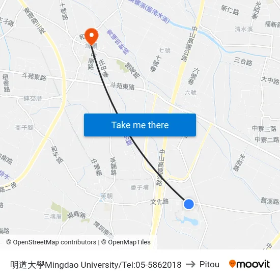 明道大學Mingdao University/Tel:05-5862018 to Pitou map