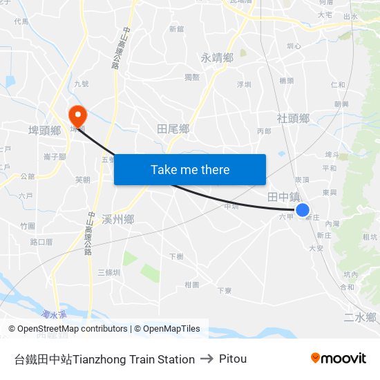 台鐵田中站Tianzhong Train Station to Pitou map