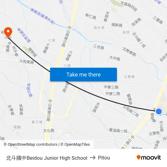Beidou Junior High School to Pitou map